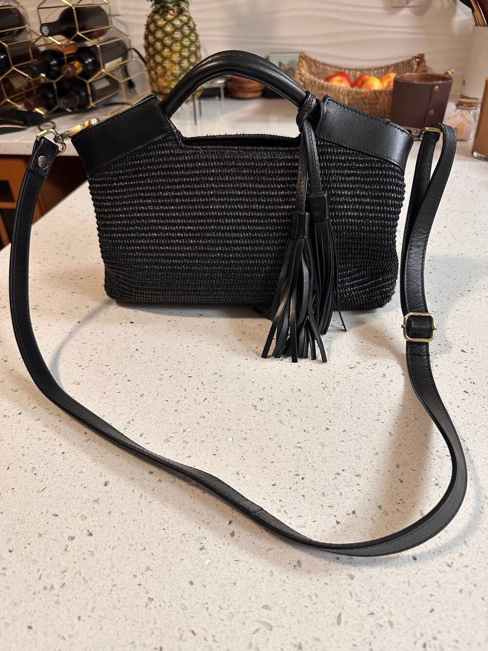 Garnet Hill Elci Woven Leather-Trim Handbag Black Crossbody Boho Summer Vacation